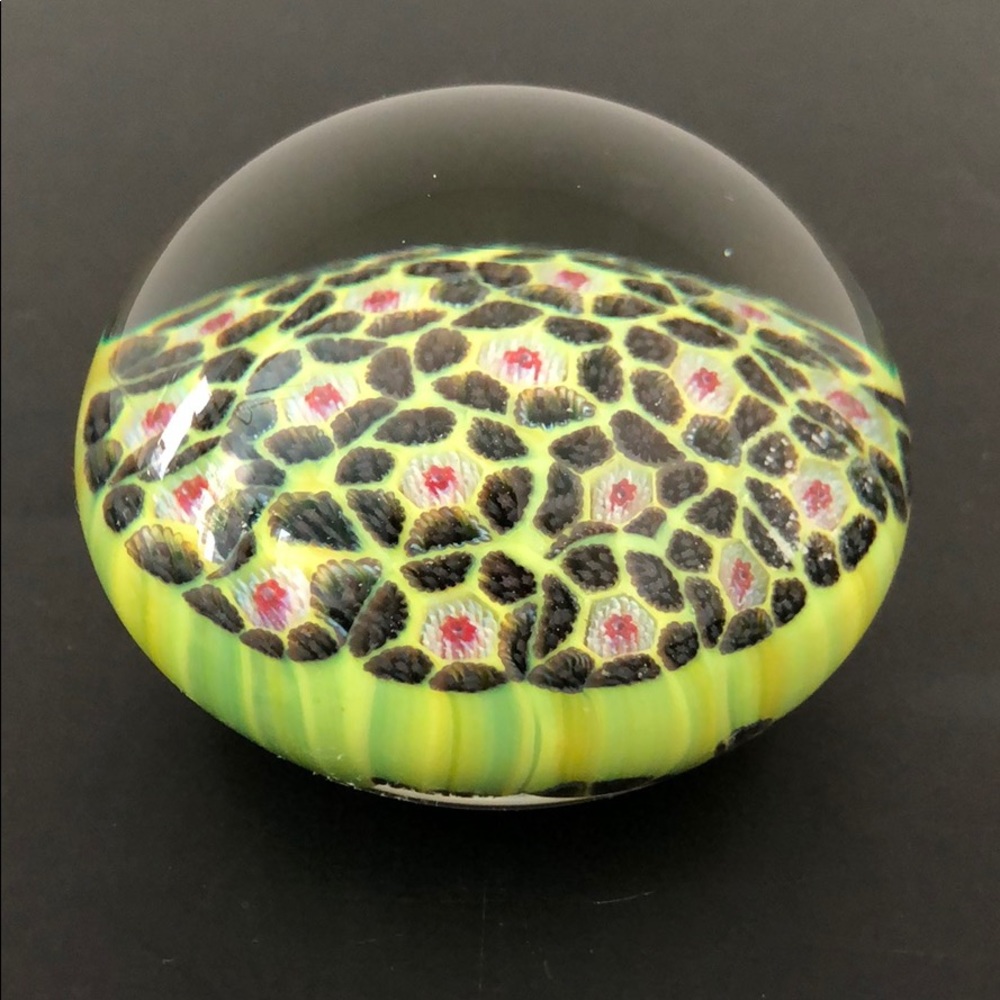 HAND BLOWN PAPERWEIGHT LIME GREEN BLACK,RASPBERRY